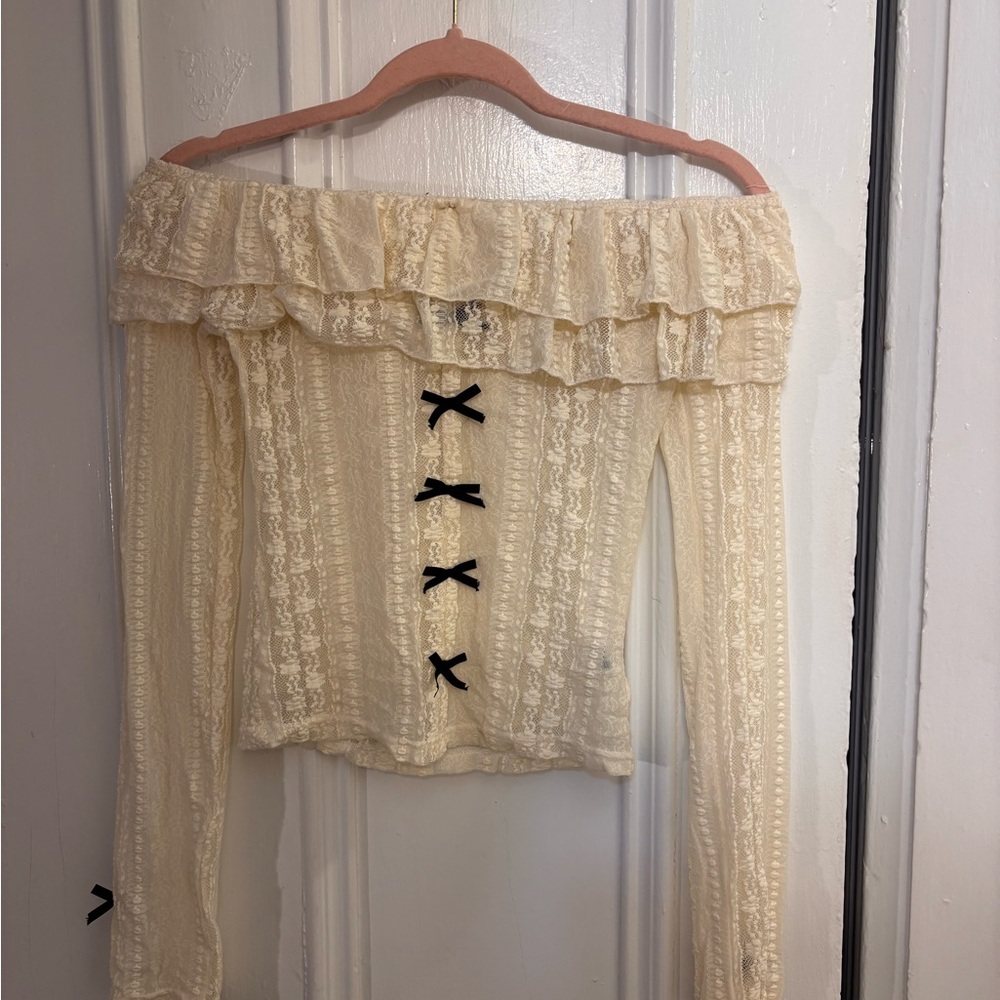 Cream Off-Shoulder Lace Top with Black Accents